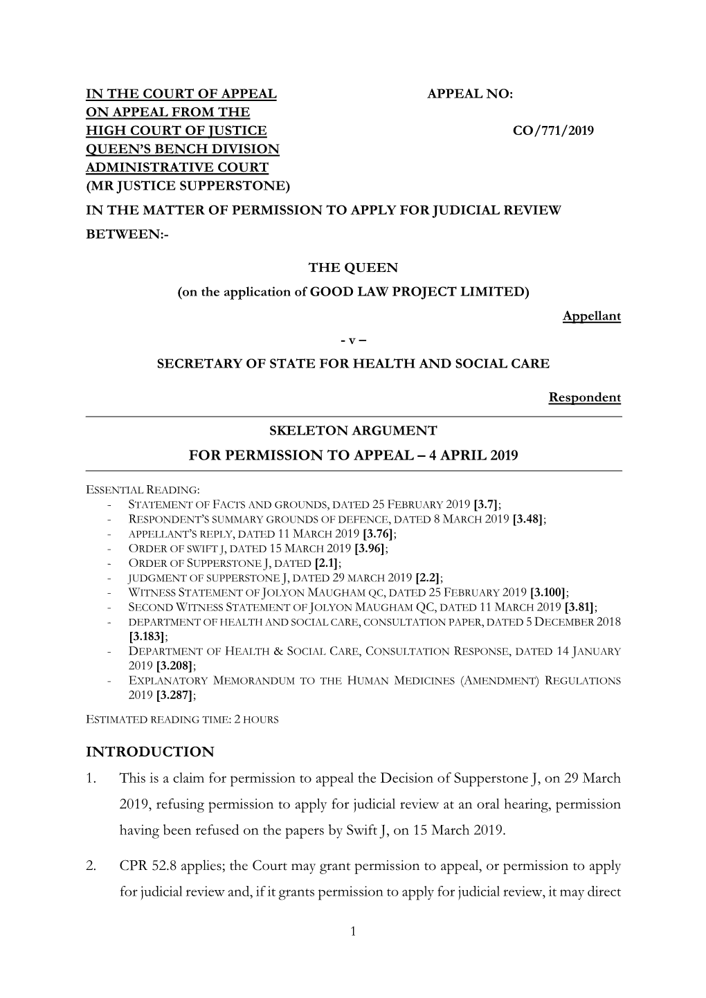 Skeleton Argument for Permission to Appeal – 4 April 2019