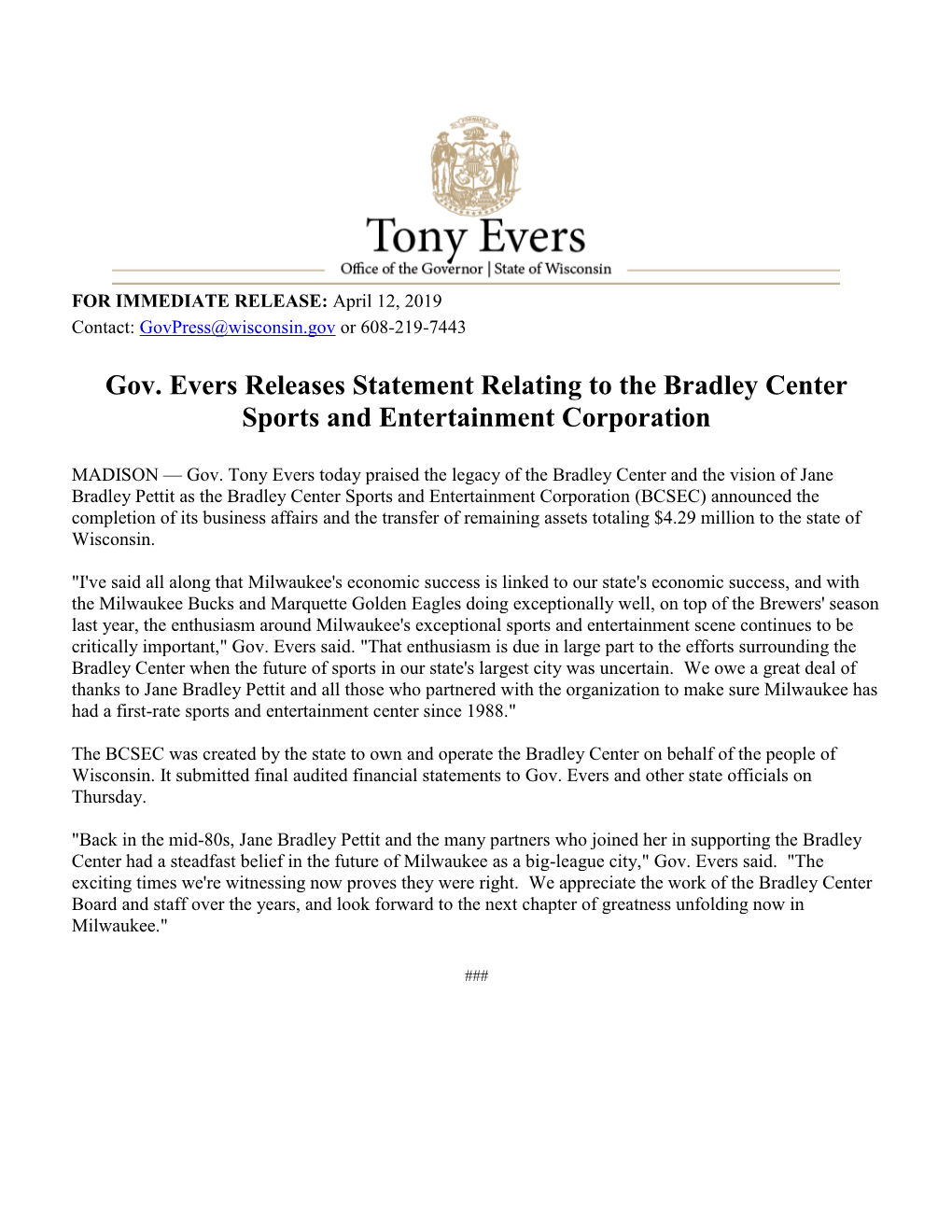 Gov. Evers Releases Statement Relating to the Bradley Center Sports and Entertainment Corporation