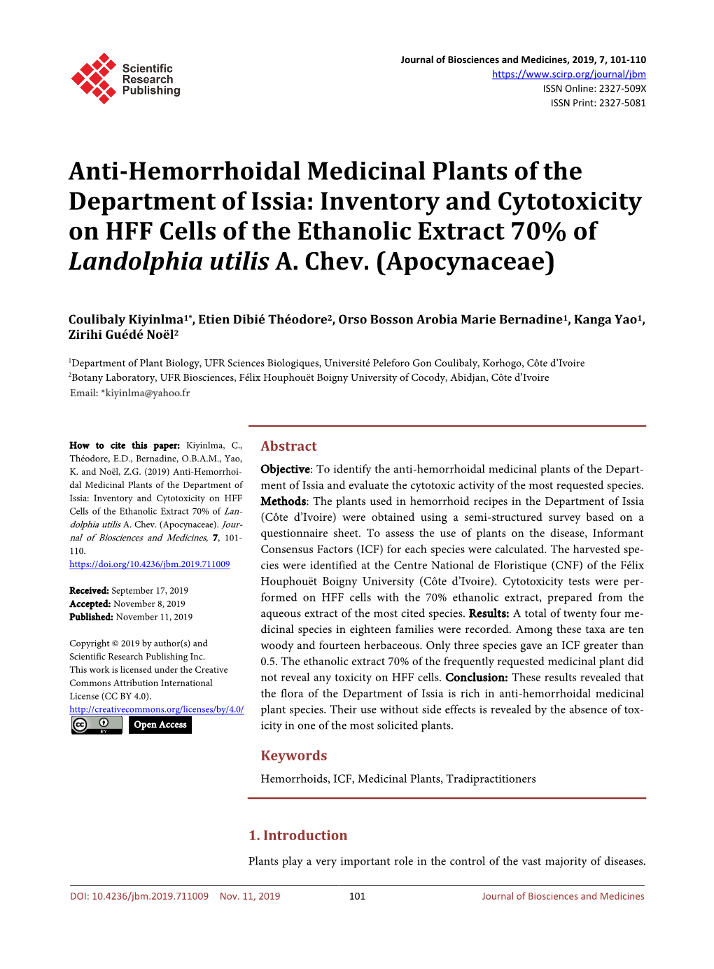 Anti-Hemorrhoidal Medicinal Plants of the Department of Issia: Inventory and Cytotoxicity on HFF Cells of the Ethanolic Extract 70% of Landolphia Utilis A