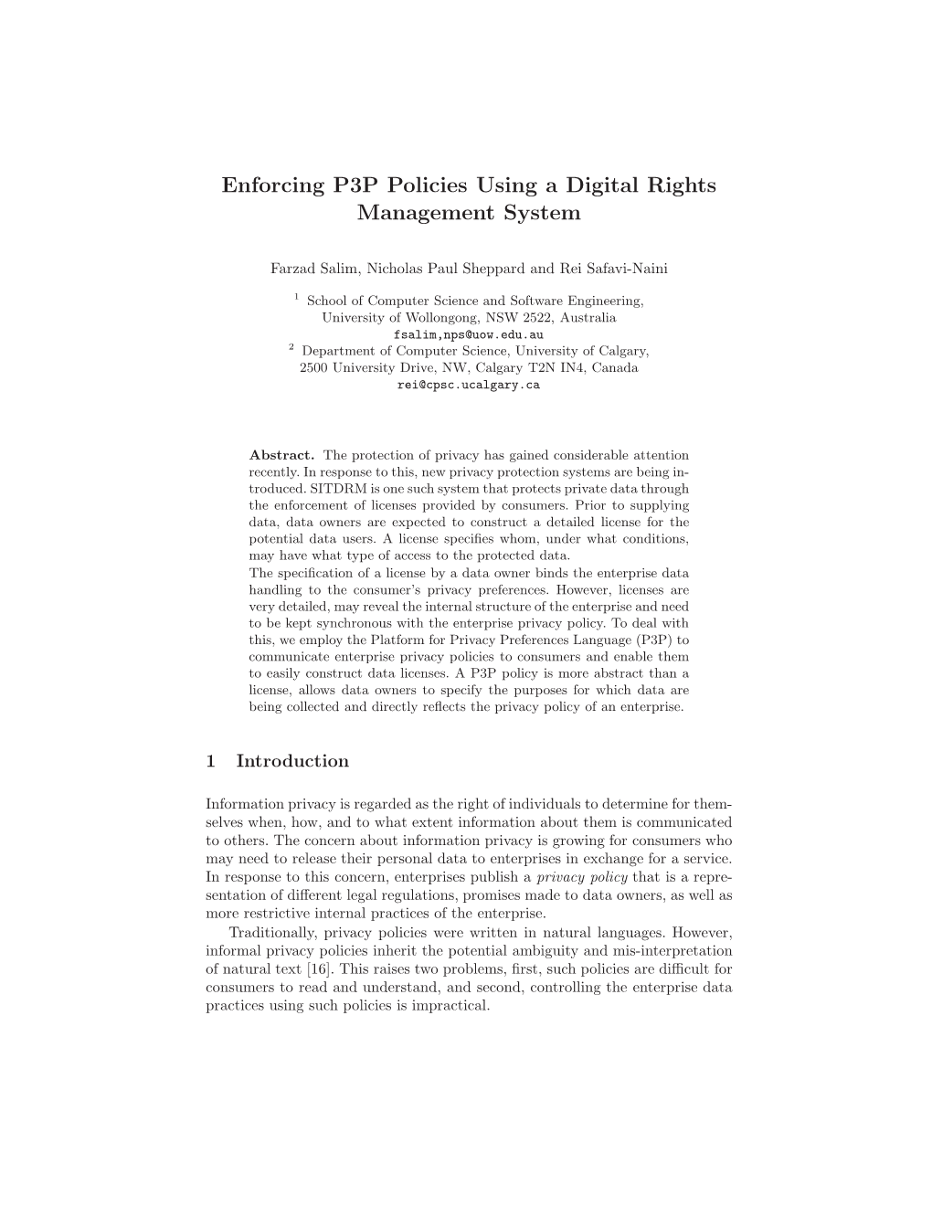 Enforcing P3P Policies Using a Digital Rights Management System