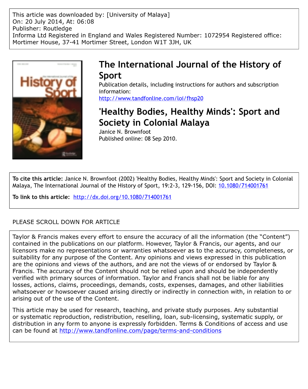 Sport and Society in Colonial Malaya Janice N