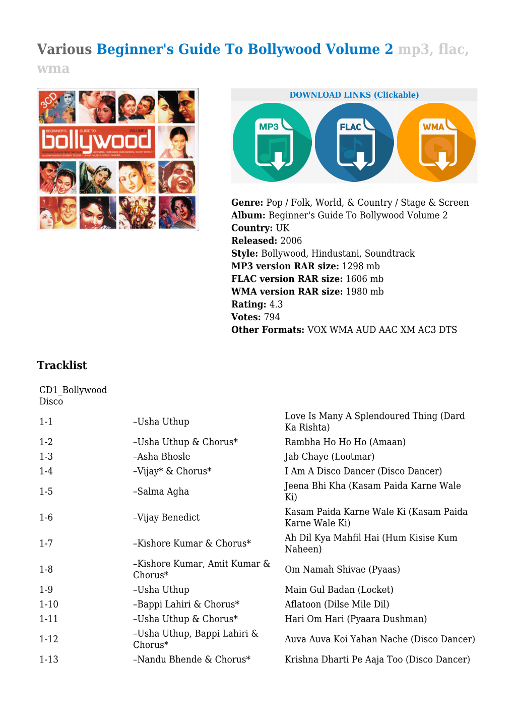 Various Beginner's Guide to Bollywood Volume 2 Mp3, Flac, Wma