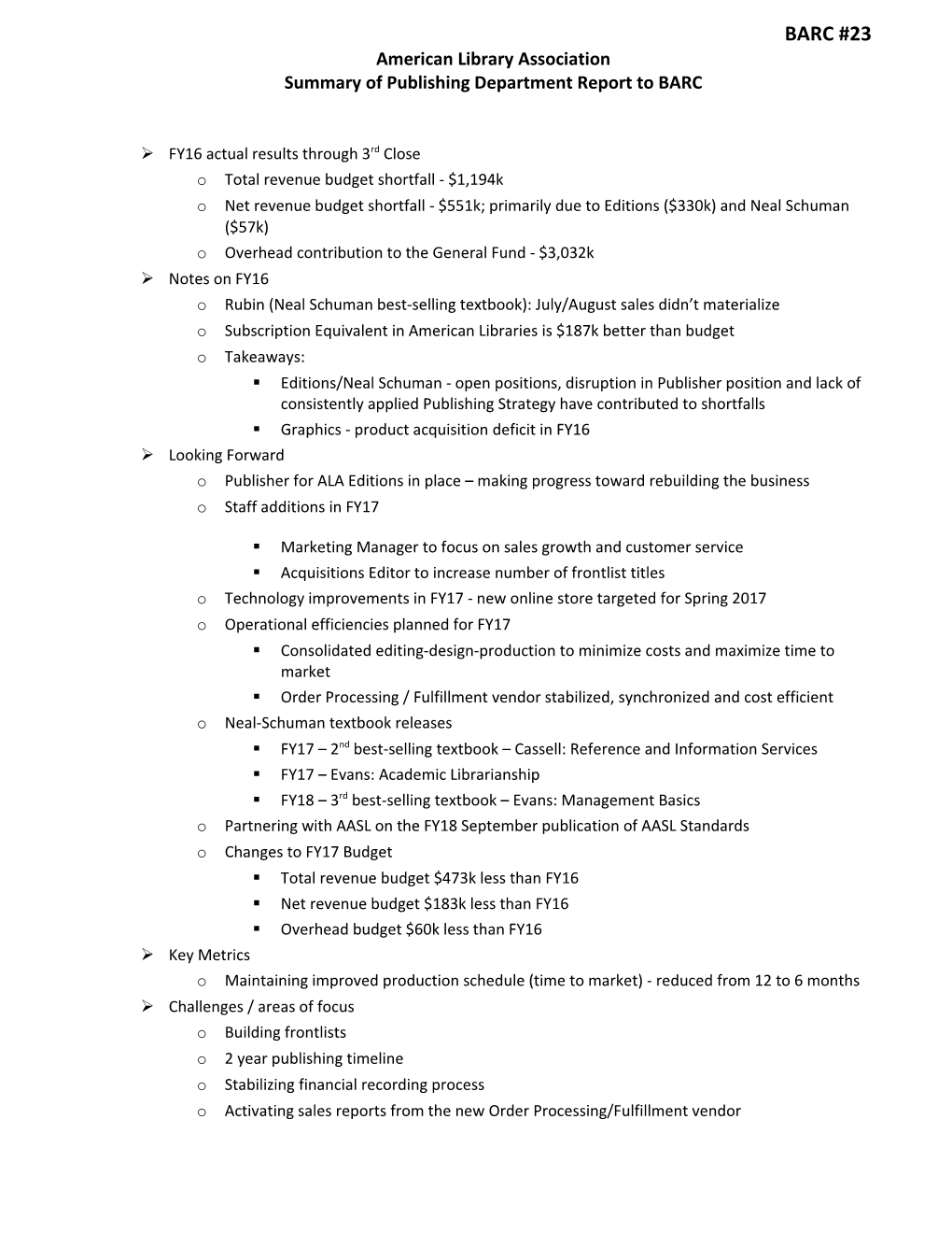 Summary of Publishing Department Report to BARC