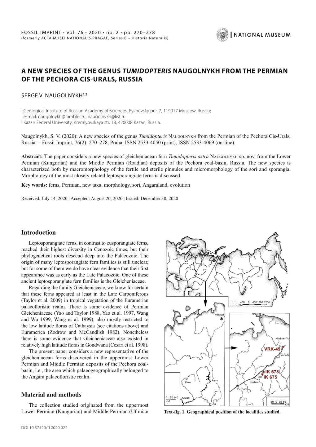 A New Species of the Genus Tumidopteris Naugolnykh from the Permian of the Pechora Cis-Urals, Russia