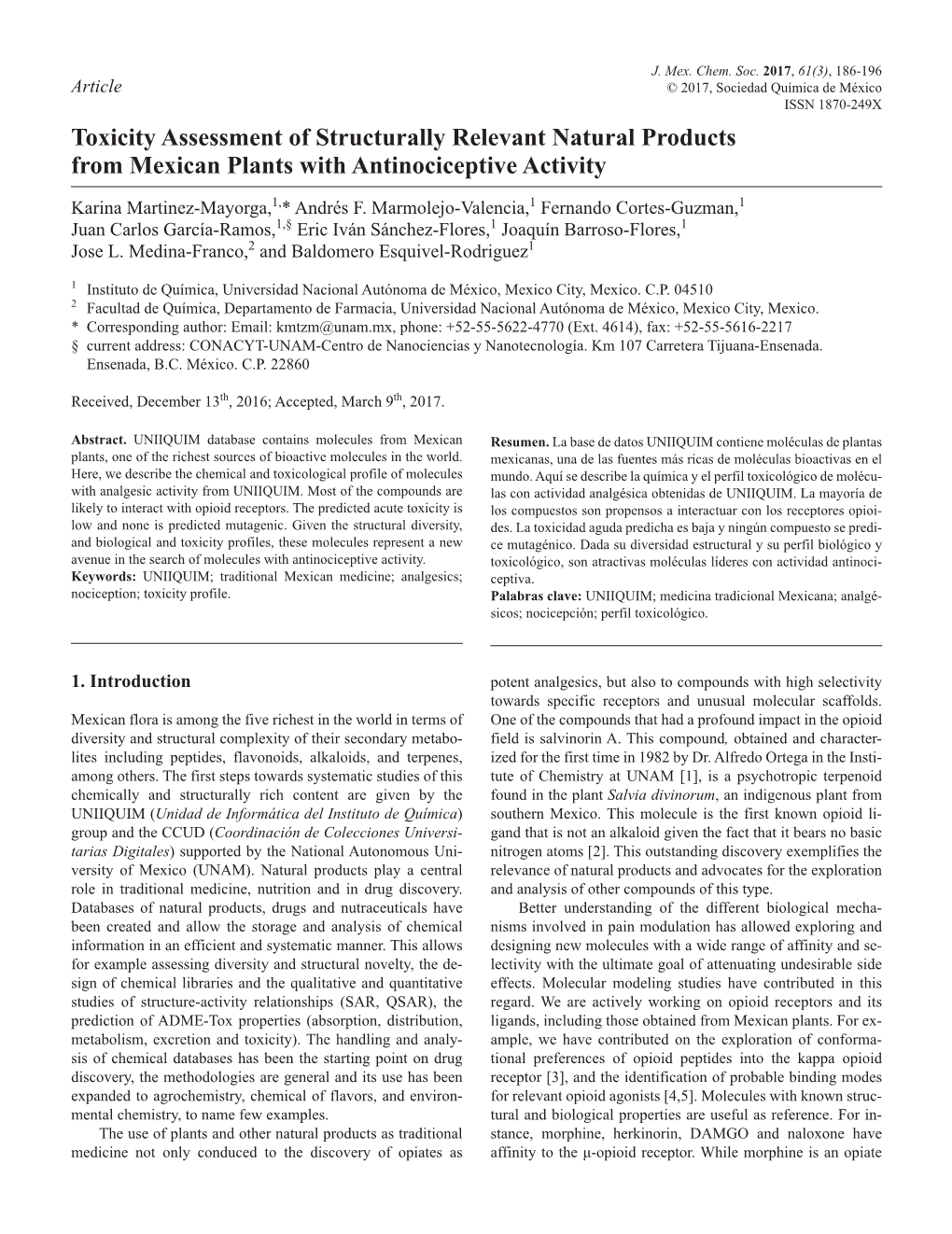 Toxicity Assessment of Structurally Relevant Natural Products from Mexican Plants with Antinociceptive Activity