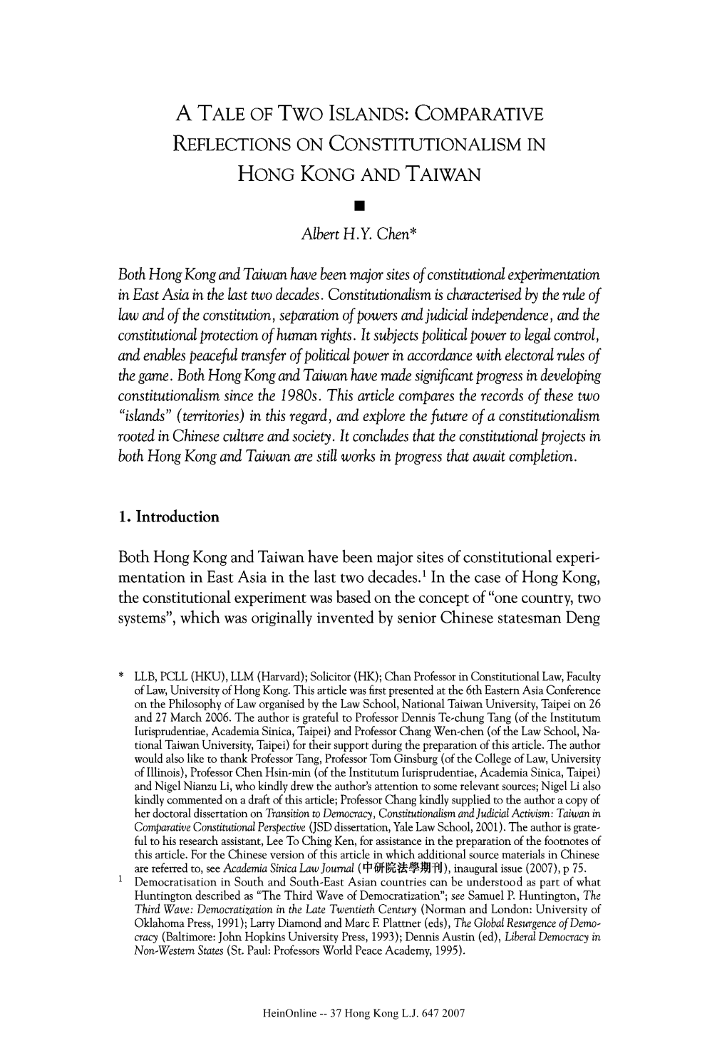 Comparative Reflections on Constitutionalism in Hong Kong and Taiwan