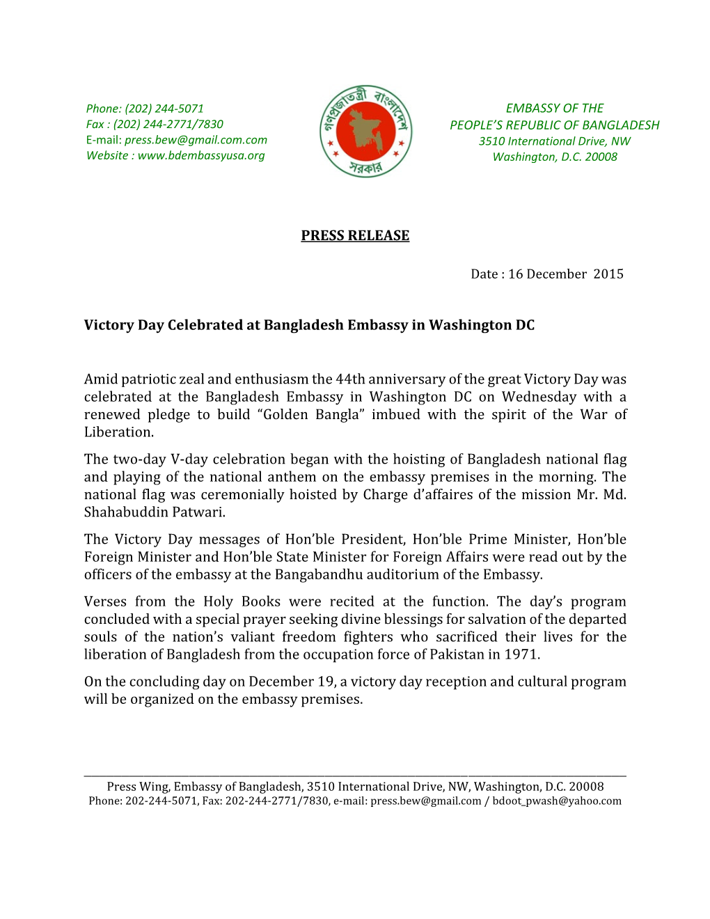 PRESS RELEASE Victory Day Celebrated at Bangladesh