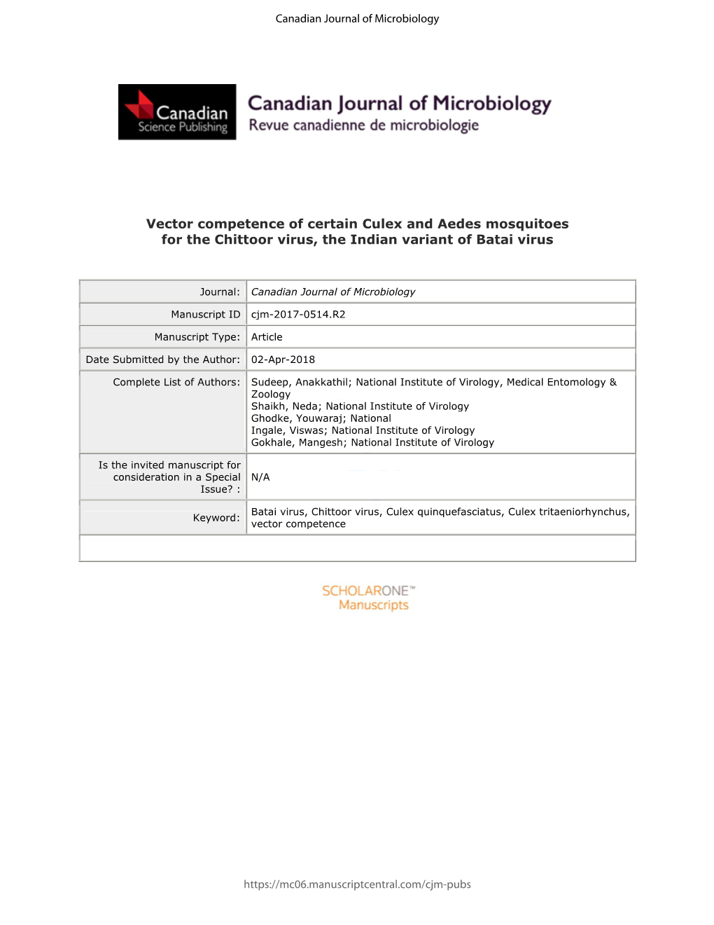 Vector Competence of Certain Culex and Aedes Mosquitoes for the Chittoor Virus, the Indian Variant of Batai Virus