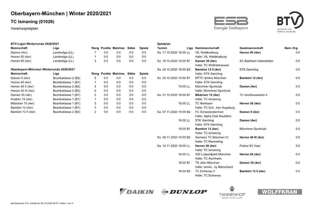 Oberbayern-München | Winter 2020/2021 TC Ismaning (01026) Vereinsspielplan