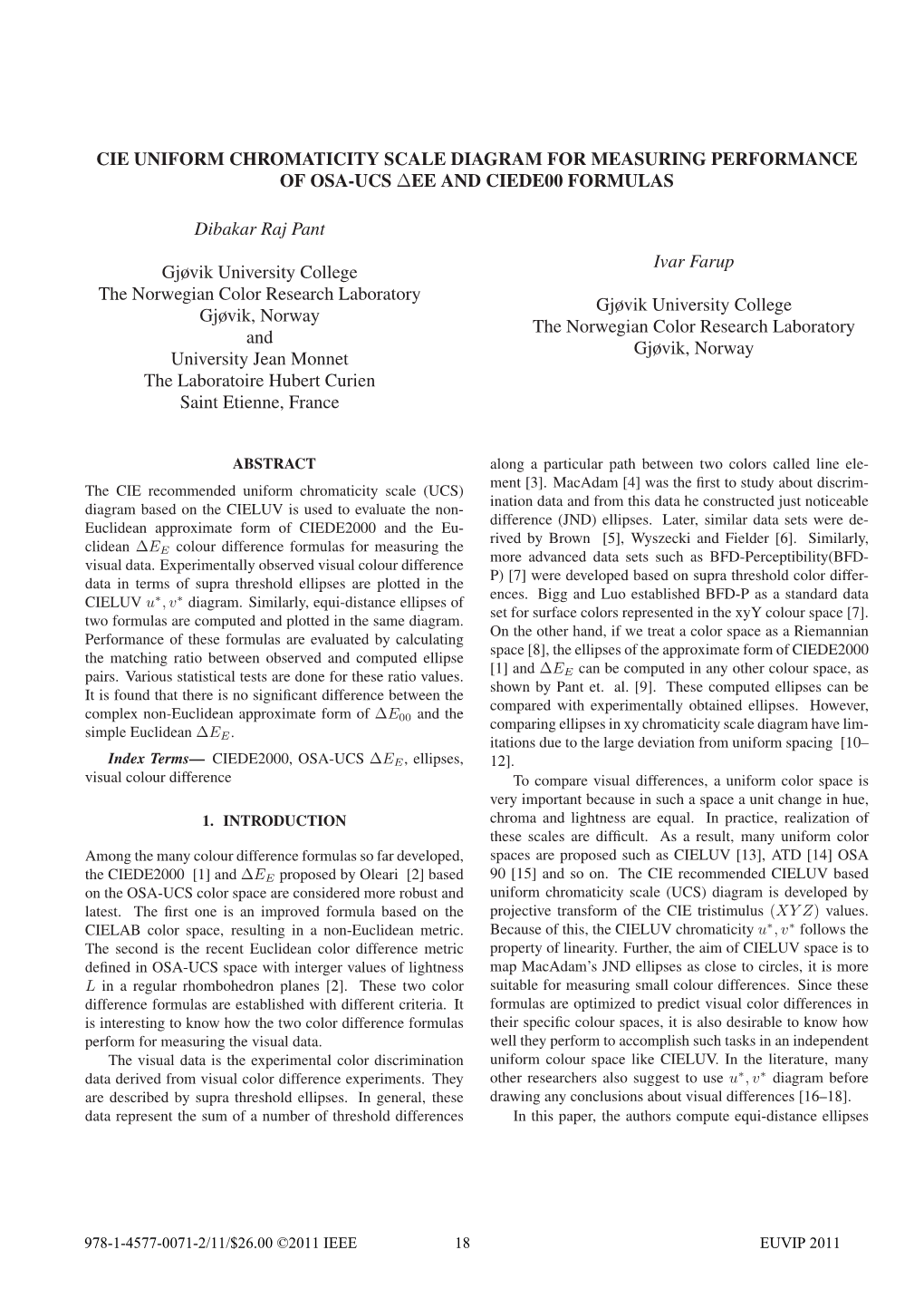 Cie Uniform Chromaticity Scale Diagram for Measuring Performance of Osa-Ucs ∆Ee and Ciede00 Formulas