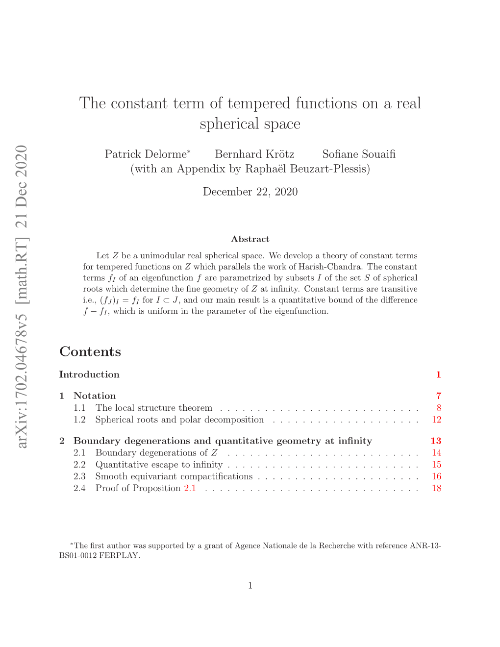 The Constant Term of Tempered Functions on a Real Spherical Space