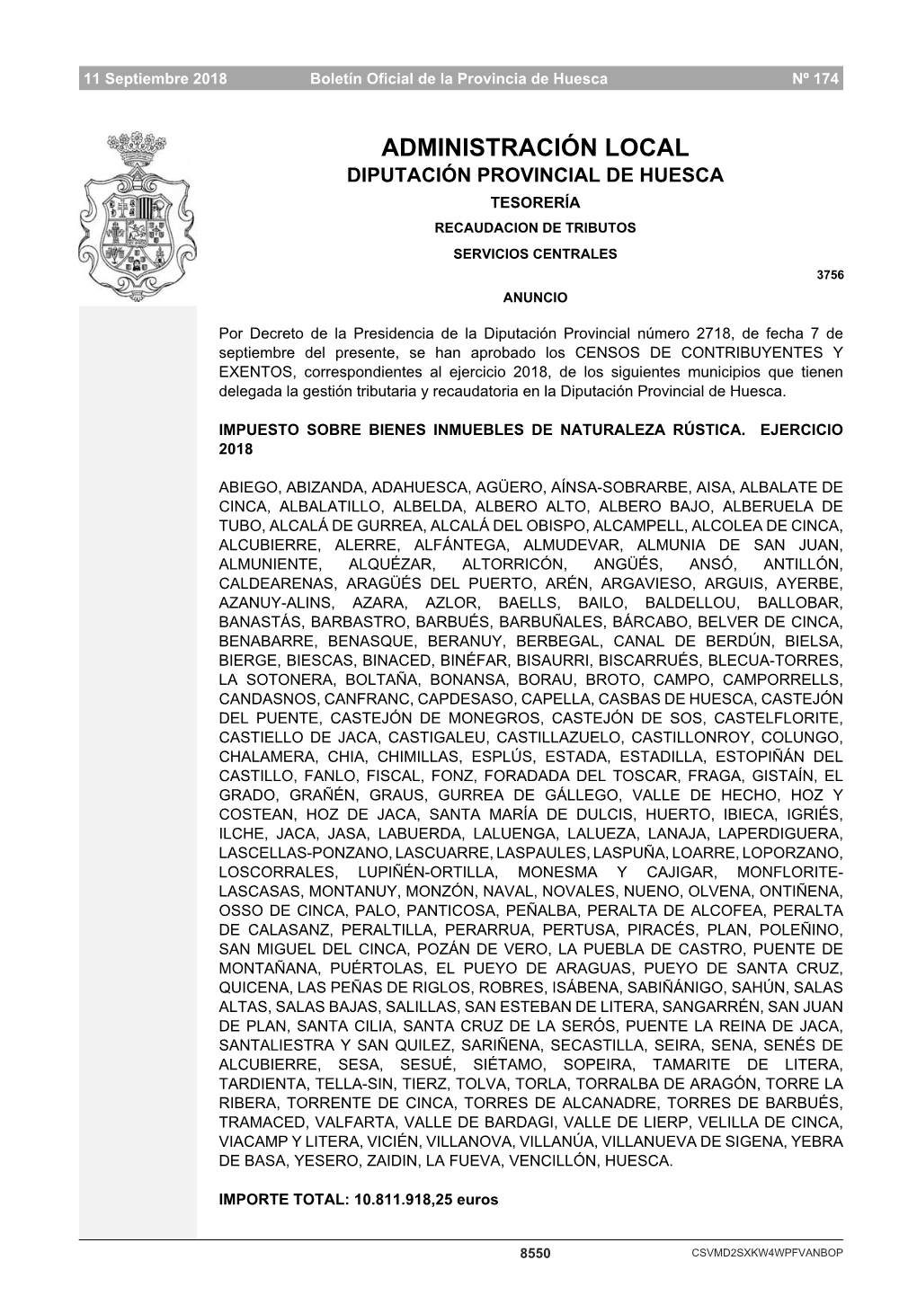 Administración Local Diputación Provincial De Huesca Tesorería Recaudacion De Tributos Servicios Centrales 3756 Anuncio