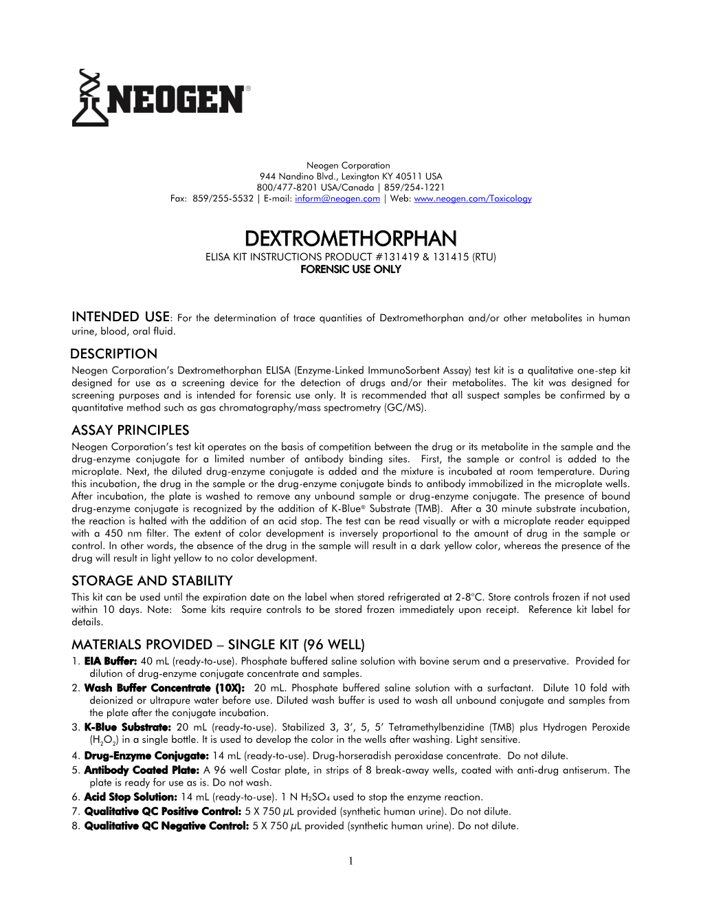 Dextromethorphan Elisa Kit Instructions Product #131419 & 131415 (Rtu) Forensic Use Only