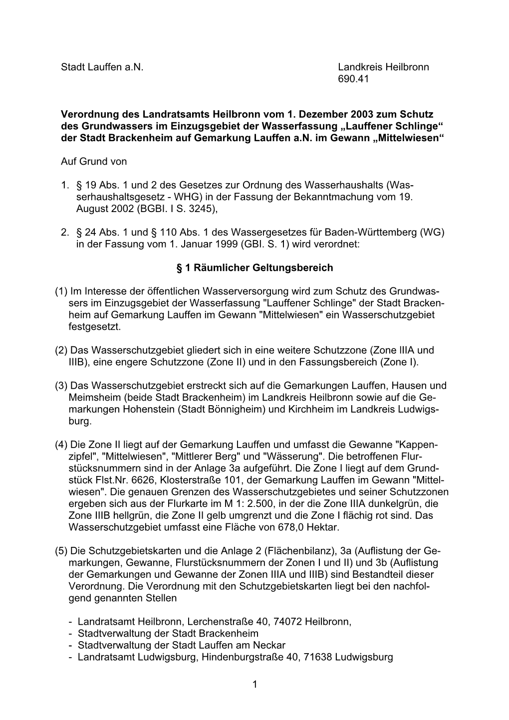 Verordnung Des Landratsamts Heilbronn Vom 1. Dezember 2003