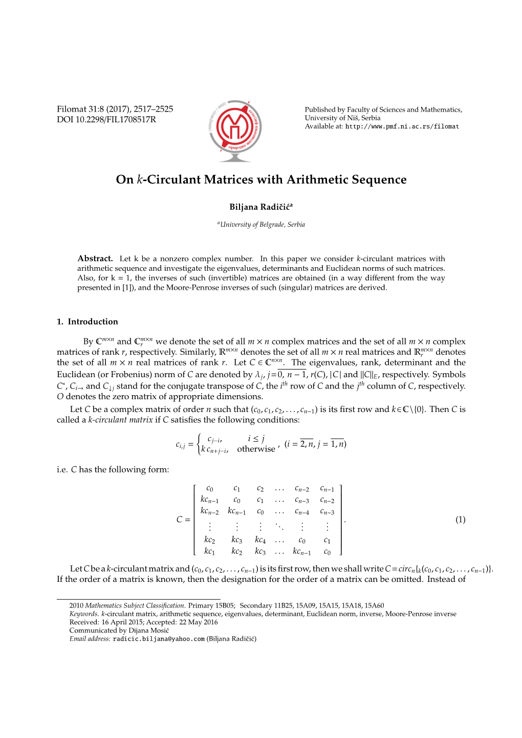 On K-Circulant Matrices with Arithmetic Sequence