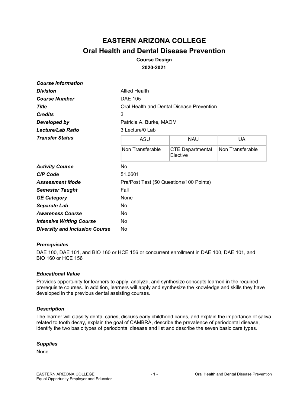 DAE 105 Title Oral Health and Dental Disease Prevention Credits 3 Developed by Patricia A