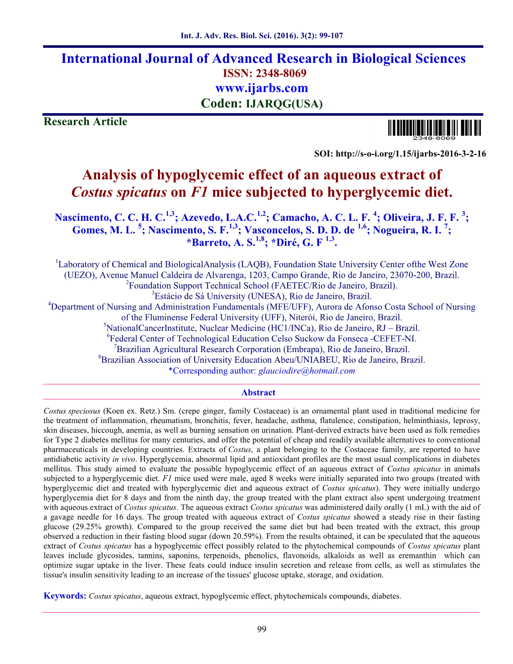 Analysis of Hypoglycemic Effect of an Aqueous Extract of Costus Spicatus on F1 Mice Subjected to Hyperglycemic Diet