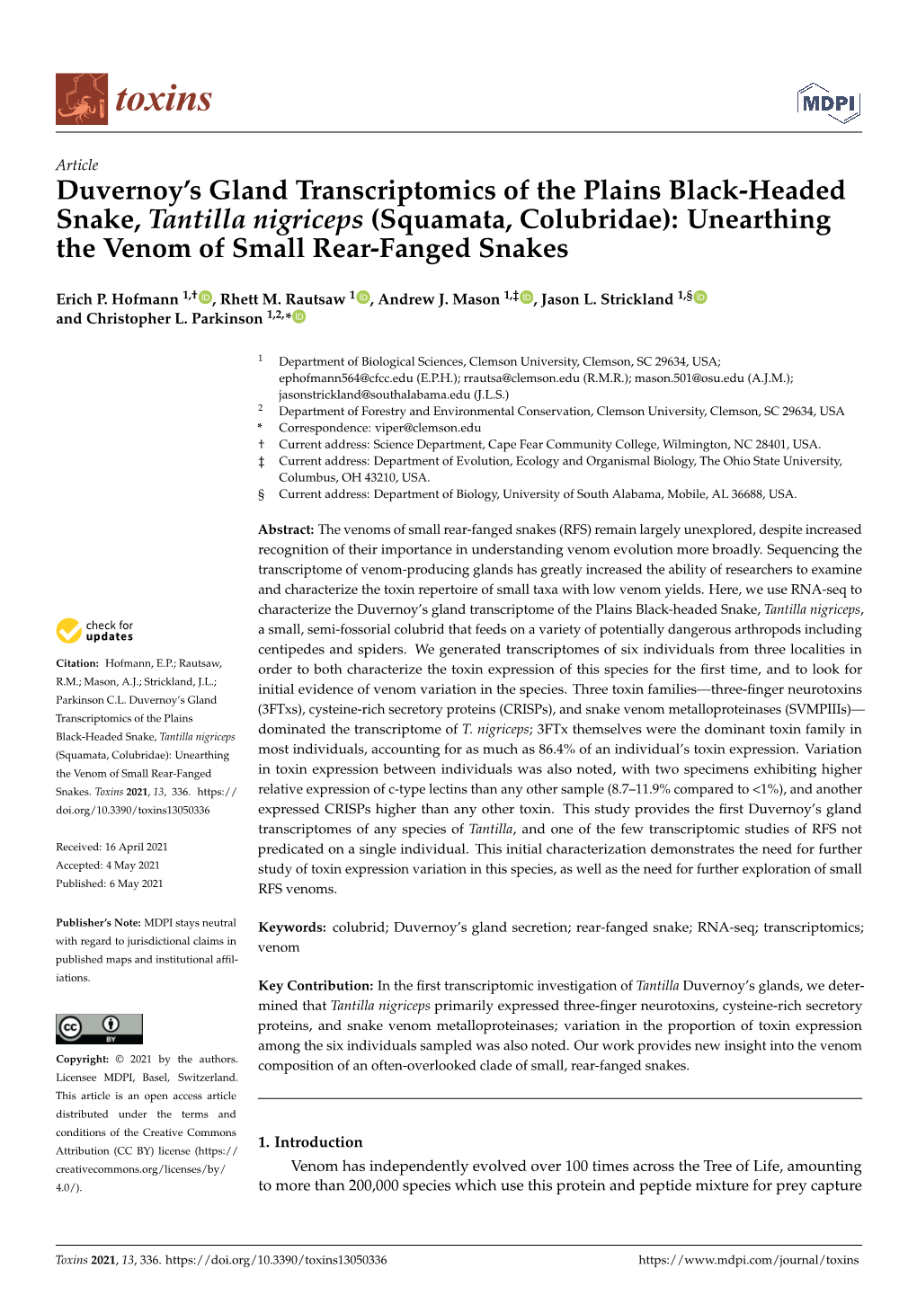 Duvernoy's Gland Transcriptomics of the Plains Black-Headed Snake