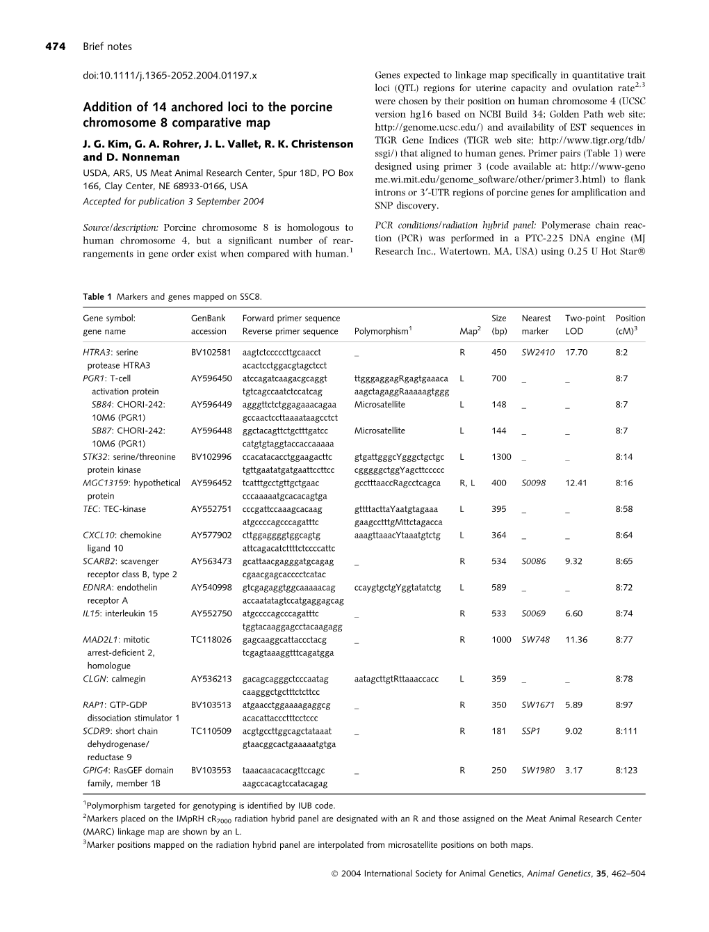 Addition of 14 Anchored Loci to the Porcine Chromosome 8 Comparative