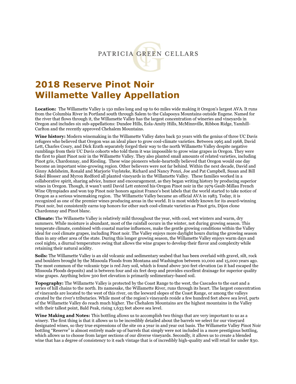 2018 Reserve Pinot Noir Willamette Valley Appellation