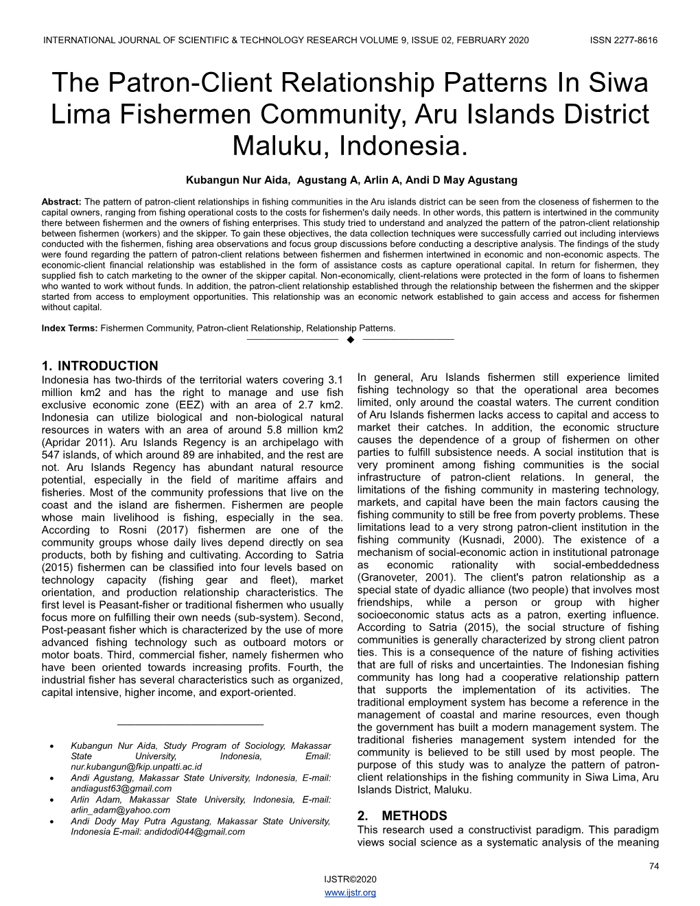 The Patron-Client Relationship Patterns in Siwa Lima Fishermen Community, Aru Islands District Maluku, Indonesia