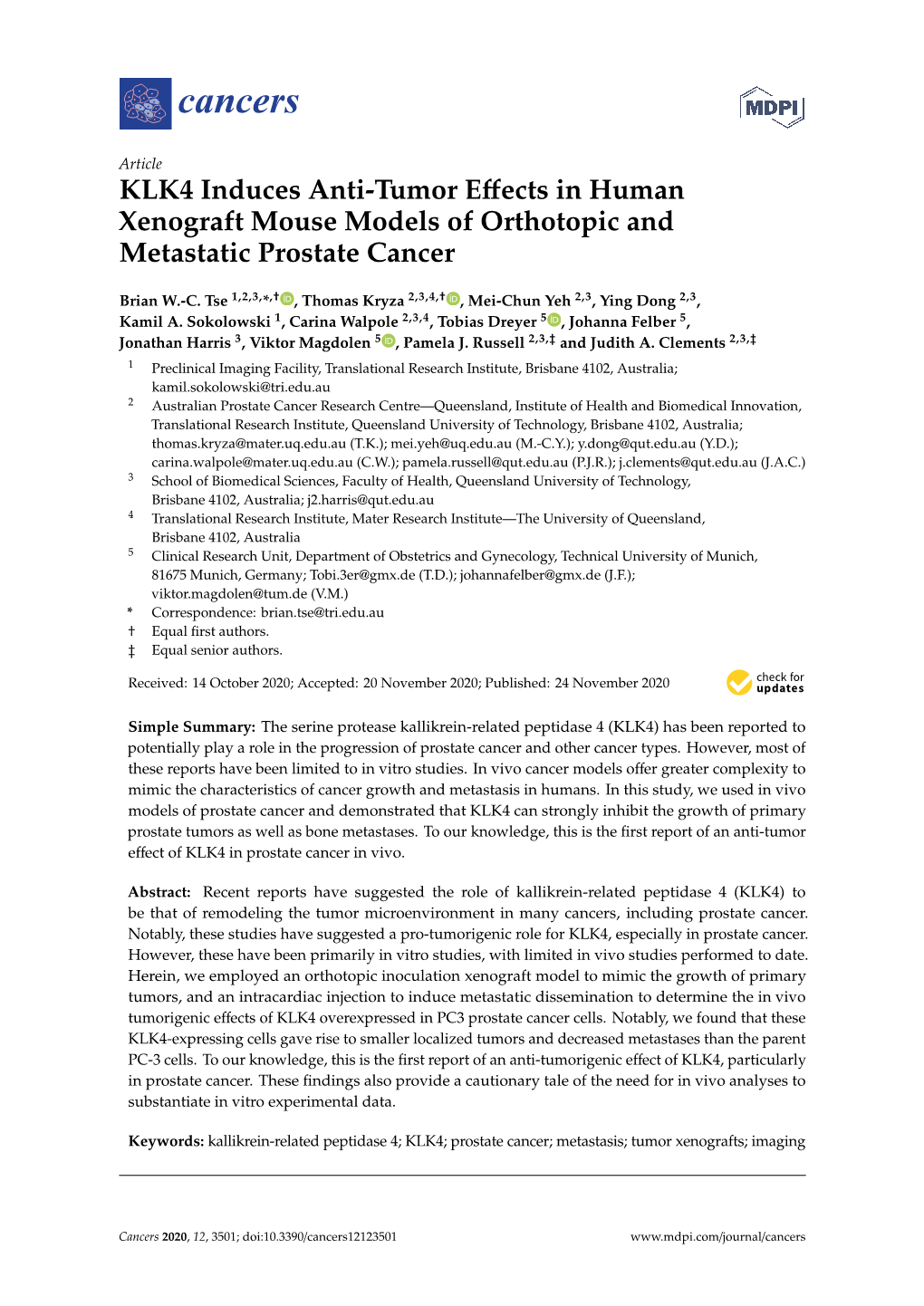 KLK4 Induces Anti-Tumor Effects in Human Xenograft Mouse Models Of