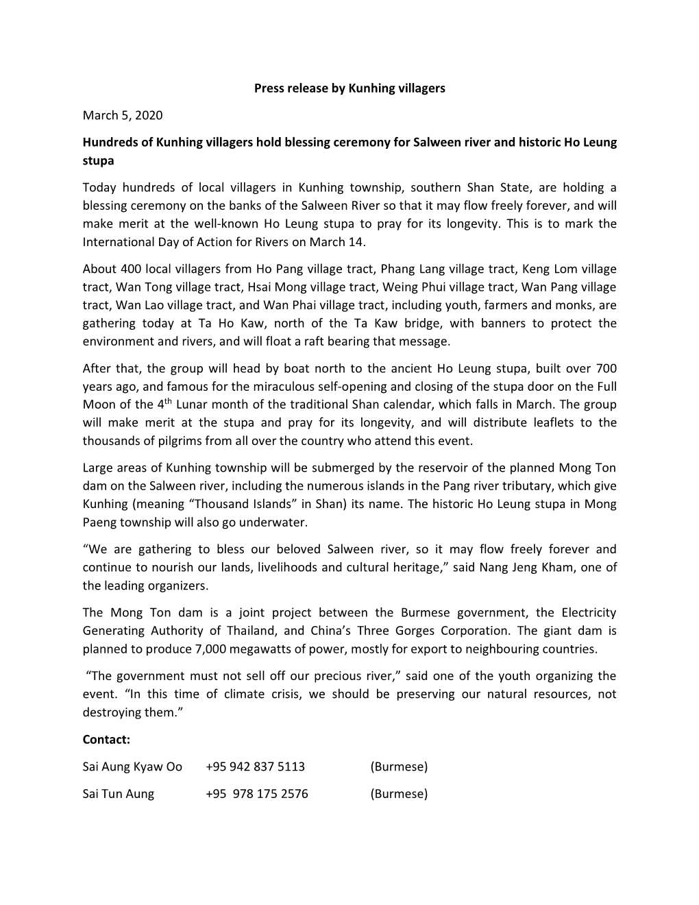 Press Release by Kunhing Villagers March 5, 2020 Hundreds Of