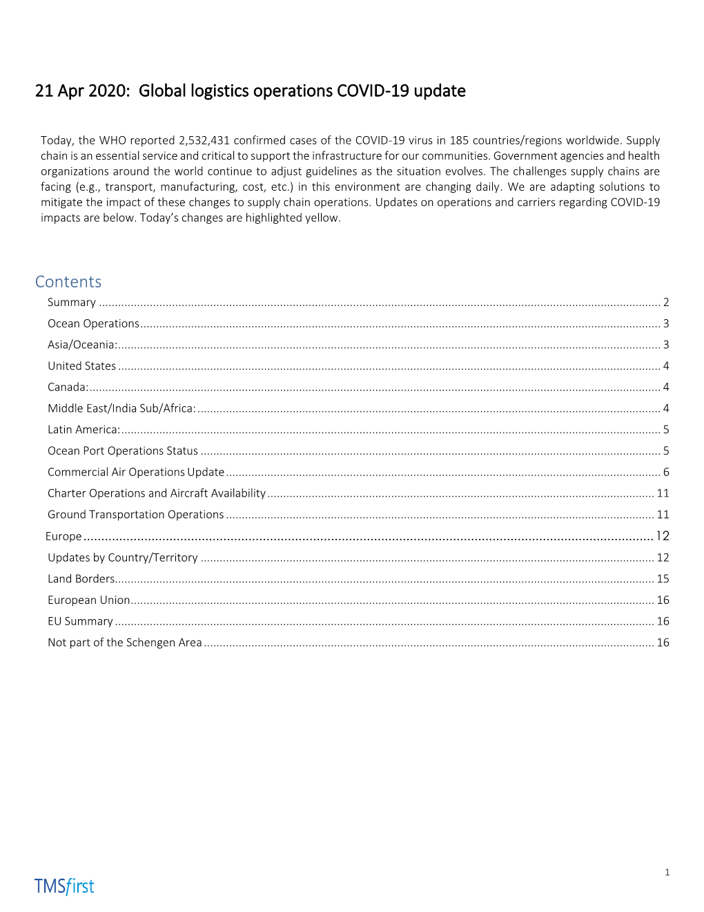 21 Apr 2020: Global Logistics Operations COVID-19 Update