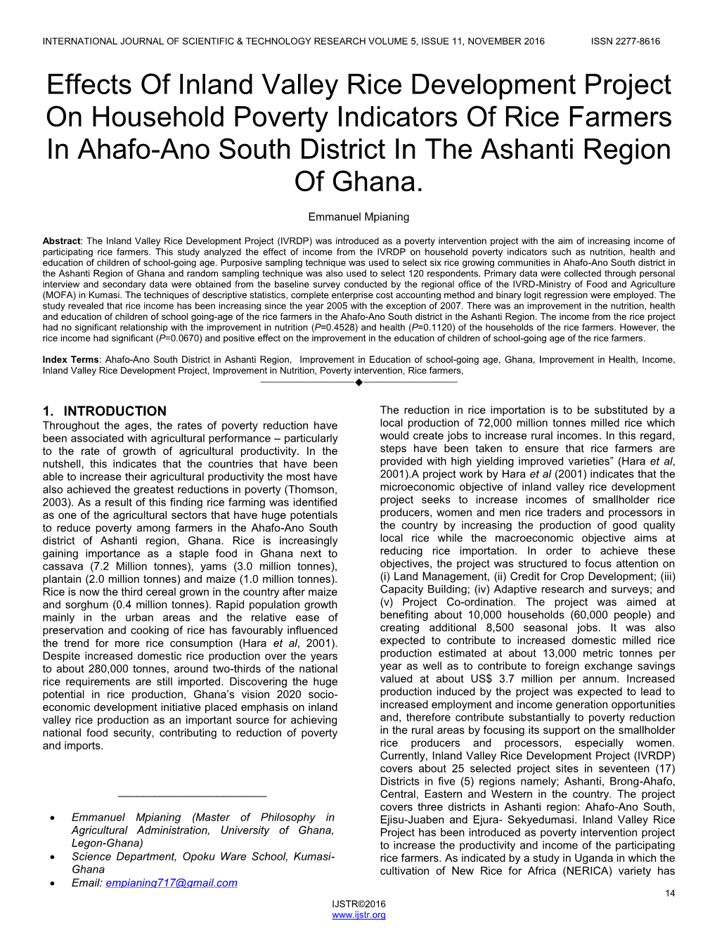 Effects of Inland Valley Rice Development Project on Household Poverty Indicators of Rice Farmers in Ahafo-Ano South District in the Ashanti Region of Ghana