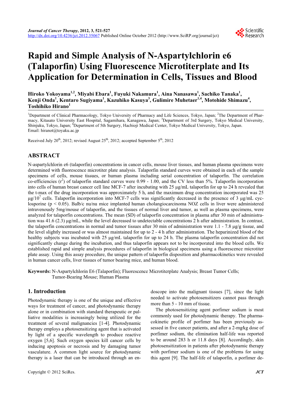 Talaporfin) Using Fluorescence Microtiterplate and Its Application for Determination in Cells, Tissues and Blood