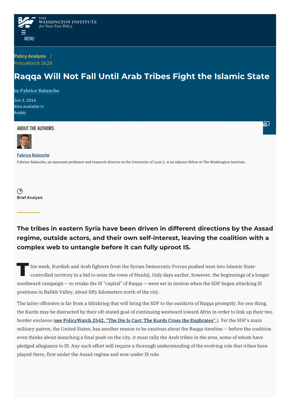 Raqqa Will Not Fall Until Arab Tribes Fight the Islamic State by Fabrice Balanche