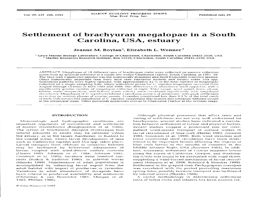 Settlement of Brachyuran Megalopae in a South Carolina, USA, Estuary