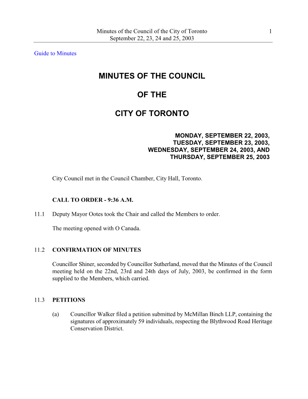 Minutes of the Council of the City of Toronto 1 September 22, 23, 24 and 25, 2003