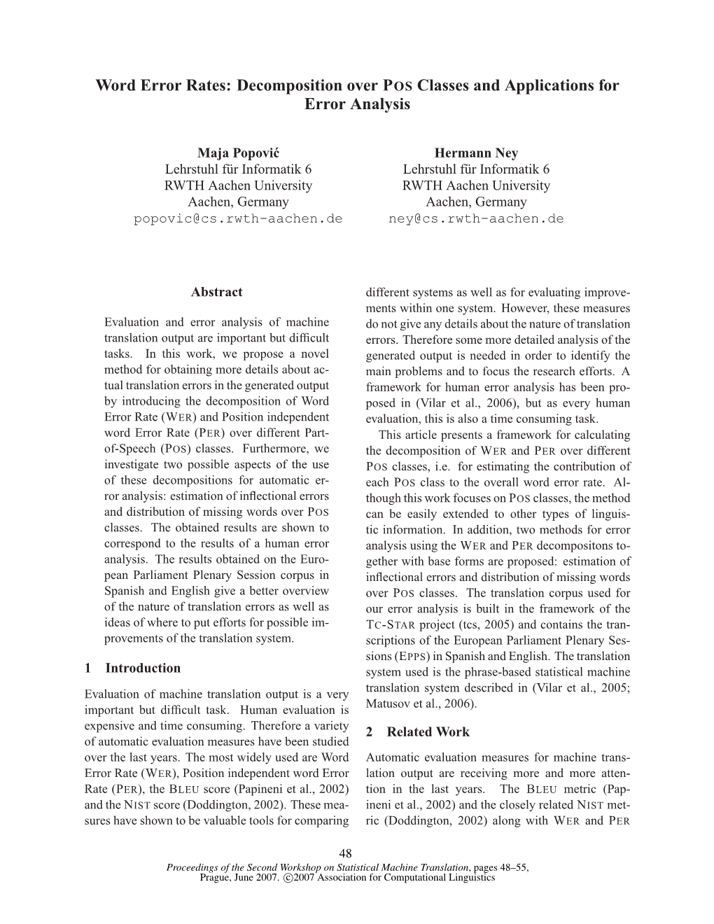 Word Error Rates: Decomposition Over POS Classes and Applications for Error Analysis