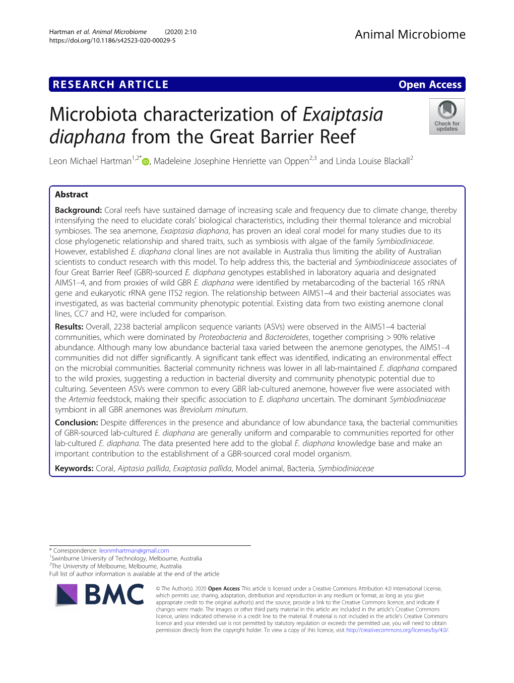 Microbiota Characterization of Exaiptasia Diaphana from the Great Barrier Reef