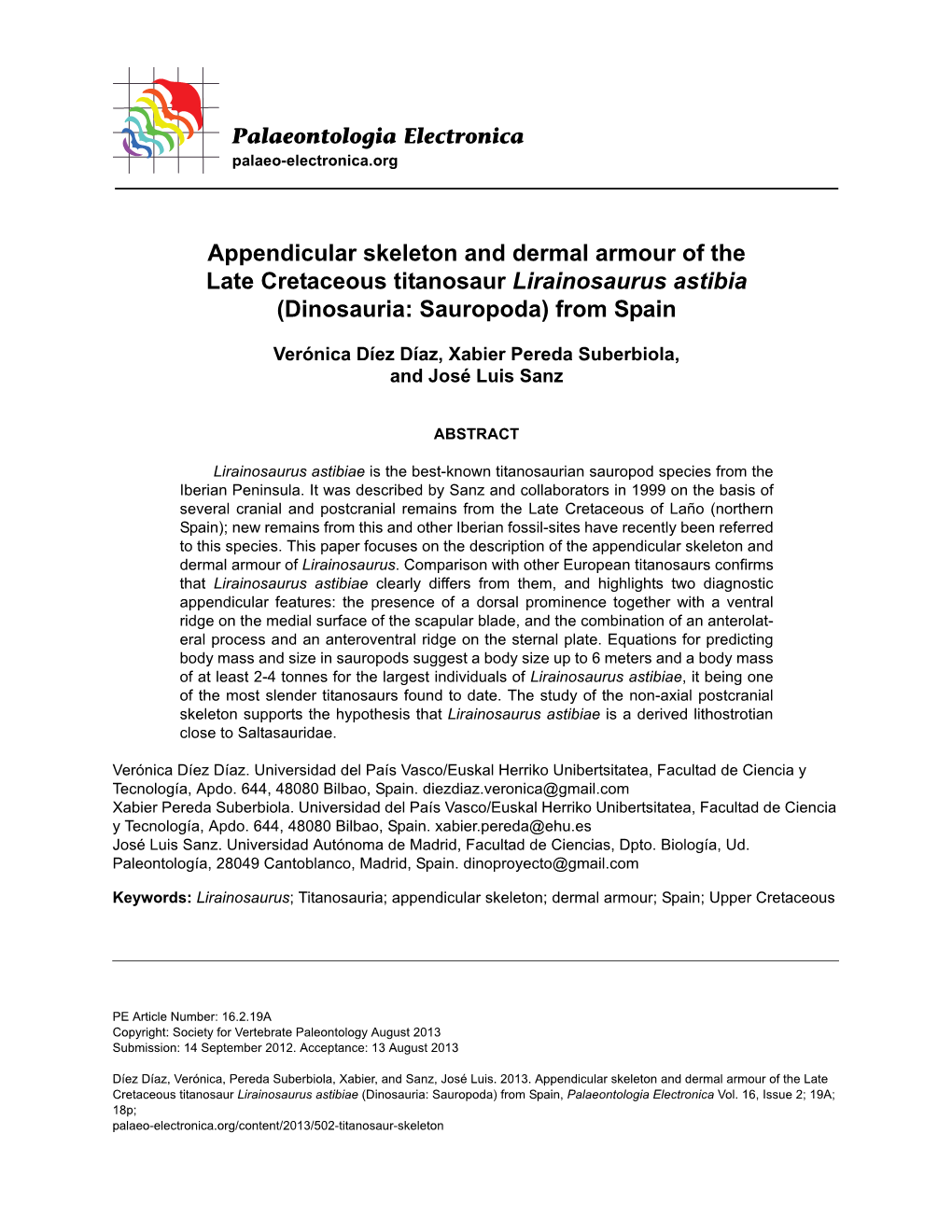 Appendicular Skeleton and Dermal Armour of the Late Cretaceous Titanosaur Lirainosaurus Astibia (Dinosauria: Sauropoda) from Spain