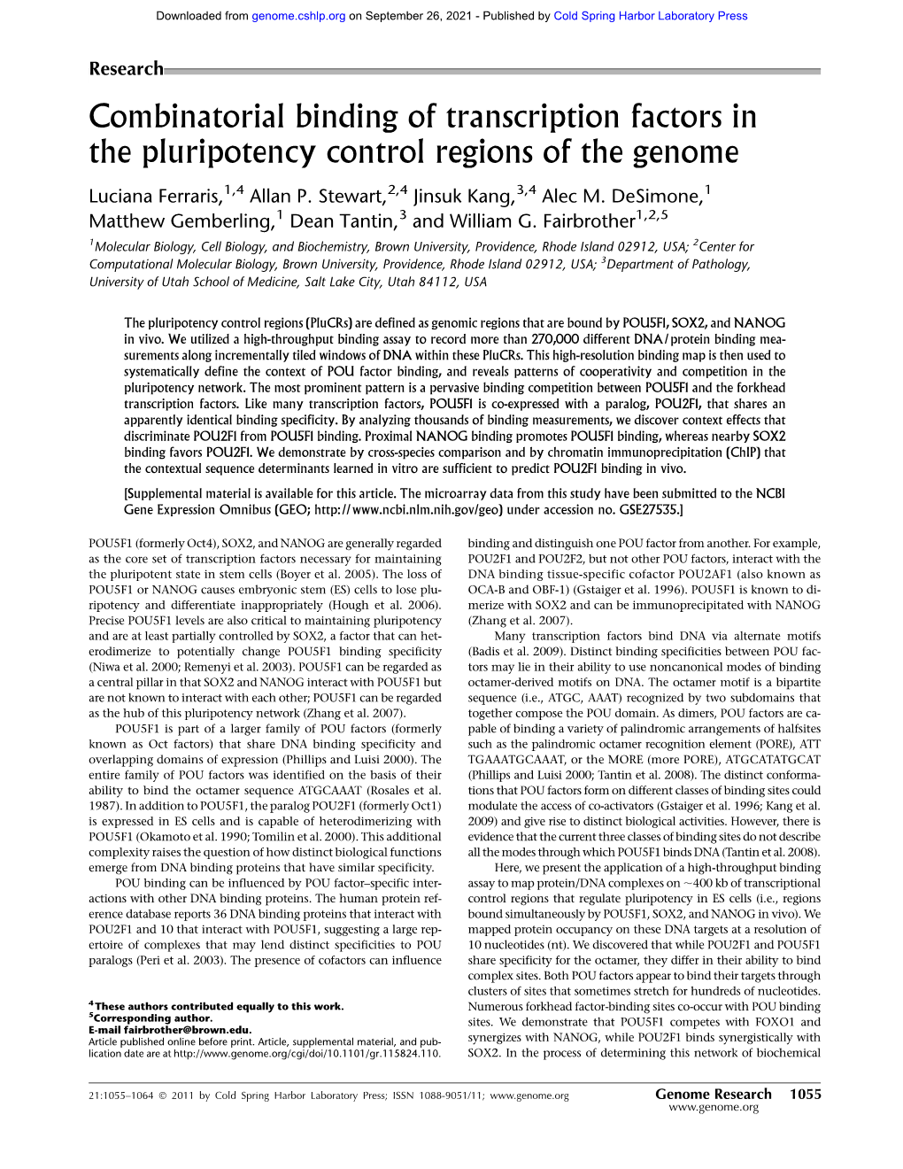 Combinatorial Binding of Transcription Factors in the Pluripotency Control Regions of the Genome