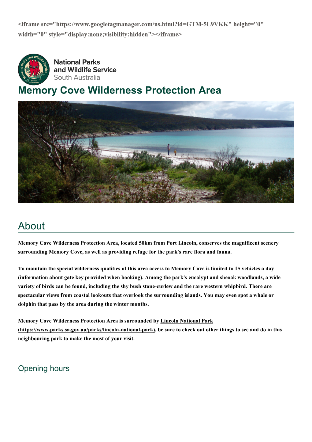 Memory Cove Wilderness Protection Area About