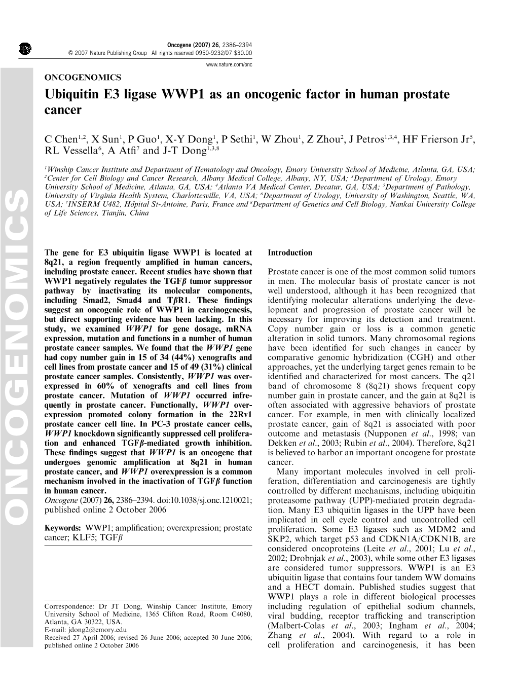 ONCOGENOMICS Ubiquitin E3 Ligase WWP1 As an Oncogenic Factor in Human Prostate Cancer