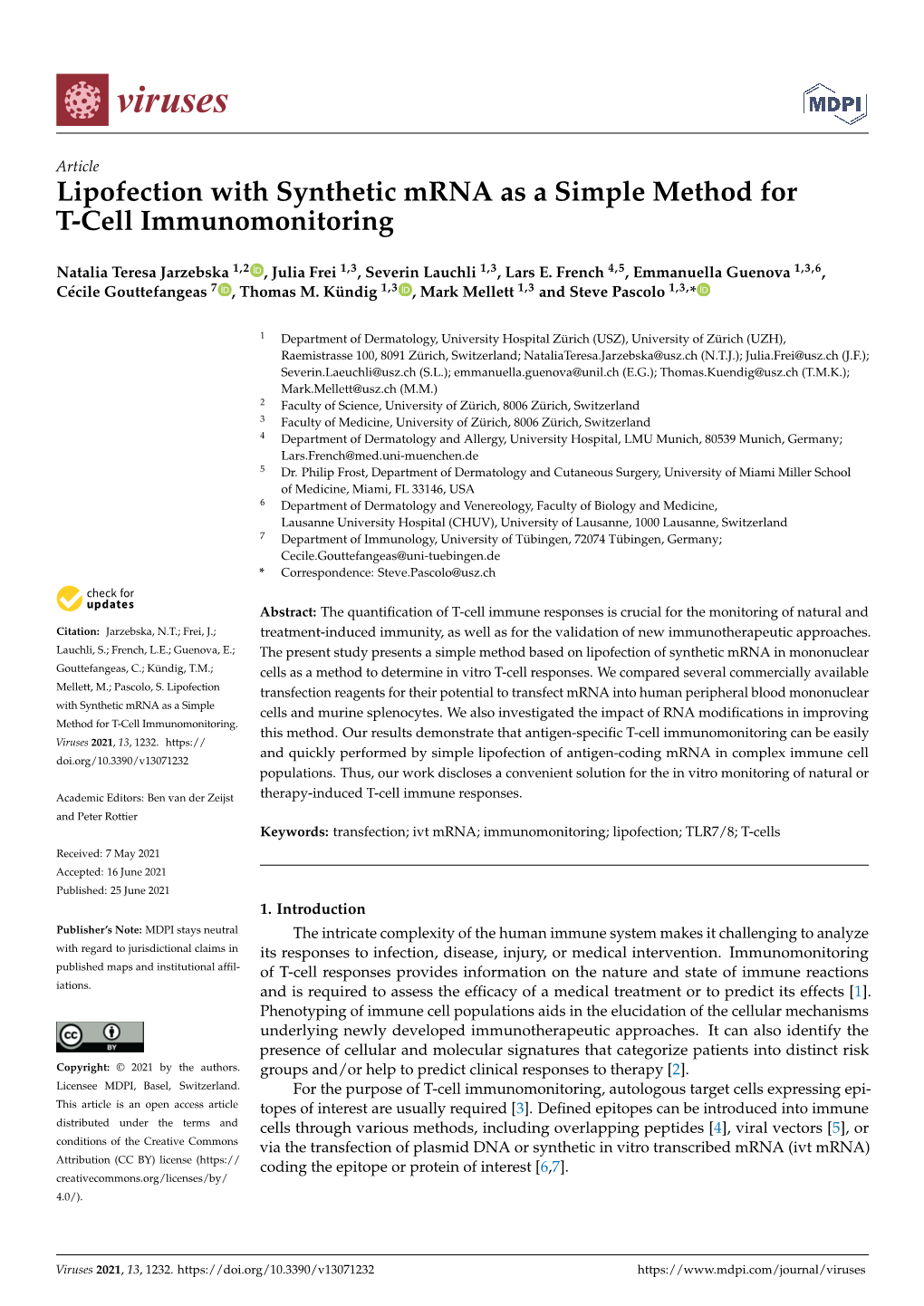 Lipofection with Synthetic Mrna As a Simple Method for T-Cell Immunomonitoring