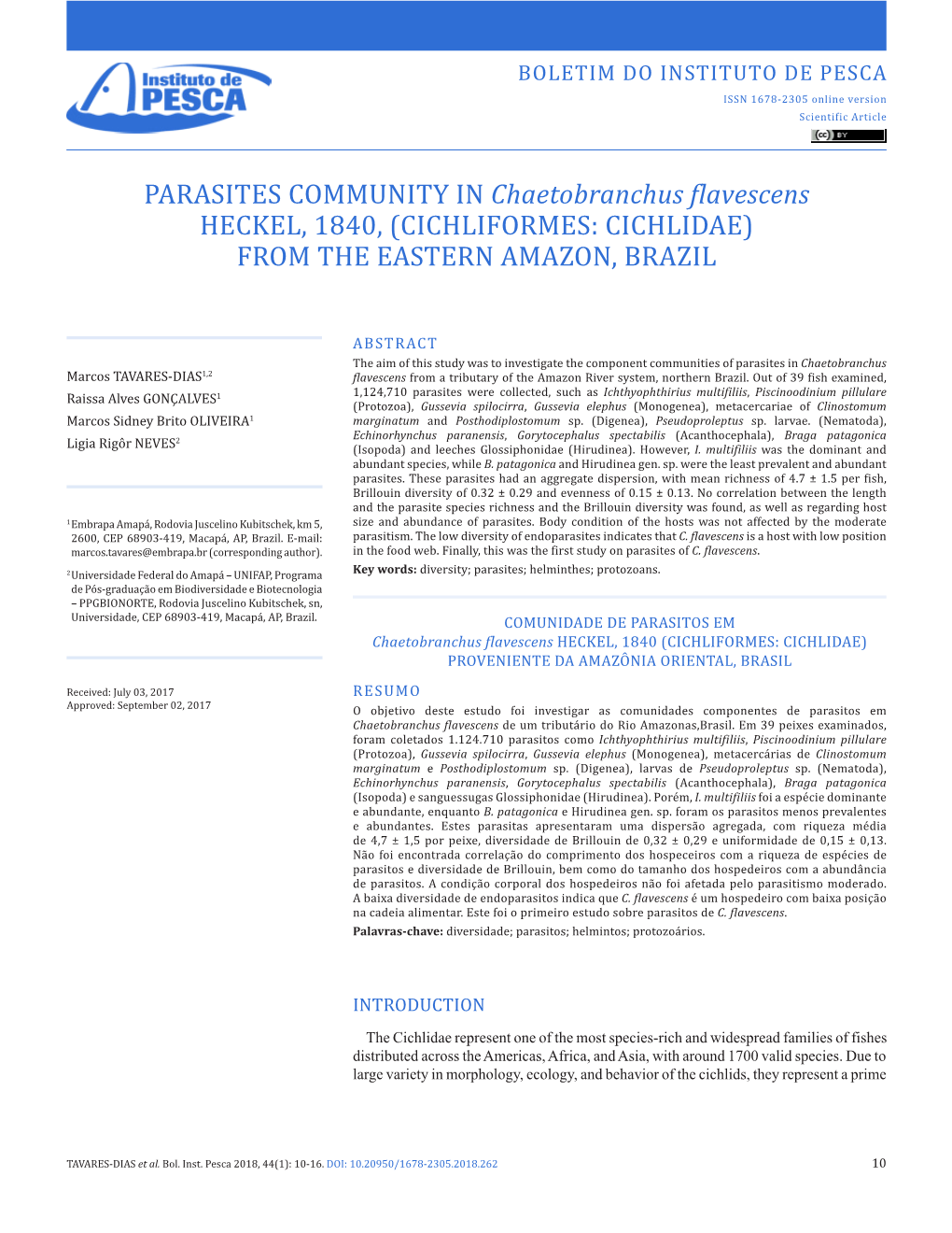 PARASITES COMMUNITY in Chaetobranchus Flavescens HECKEL, 1840, (CICHLIFORMES: CICHLIDAE) from the EASTERN AMAZON, BRAZIL