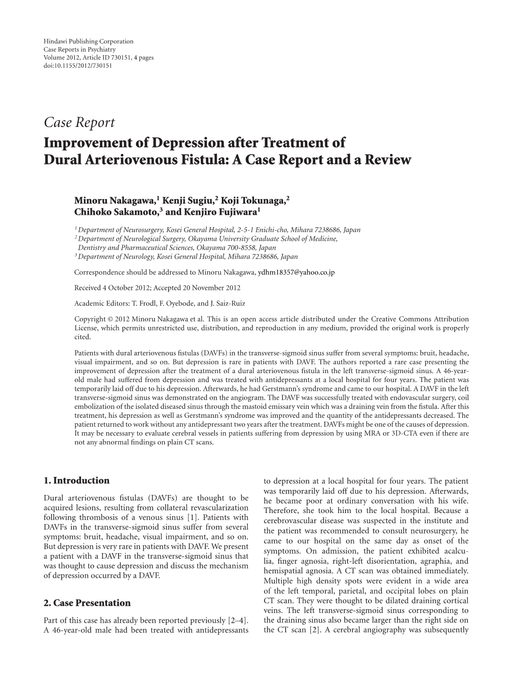 Improvement of Depression After Treatment of Dural Arteriovenous Fistula: a Case Report and a Review