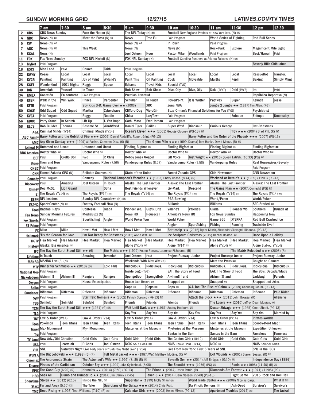 Sunday Morning Grid 12/27/15 Latimes.Com/Tv Times