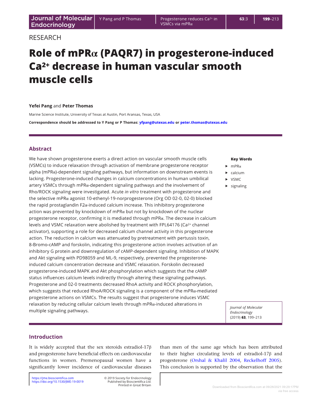 Role of Mprα (PAQR7) in Progesterone-Induced Ca2+ Decrease in Human Vascular Smooth Muscle Cells