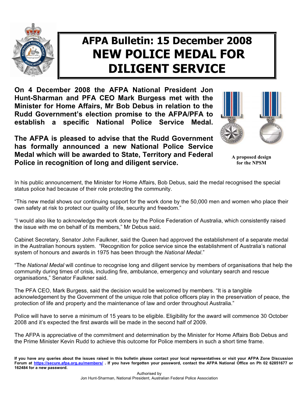 New Police Medal for Diligent Service