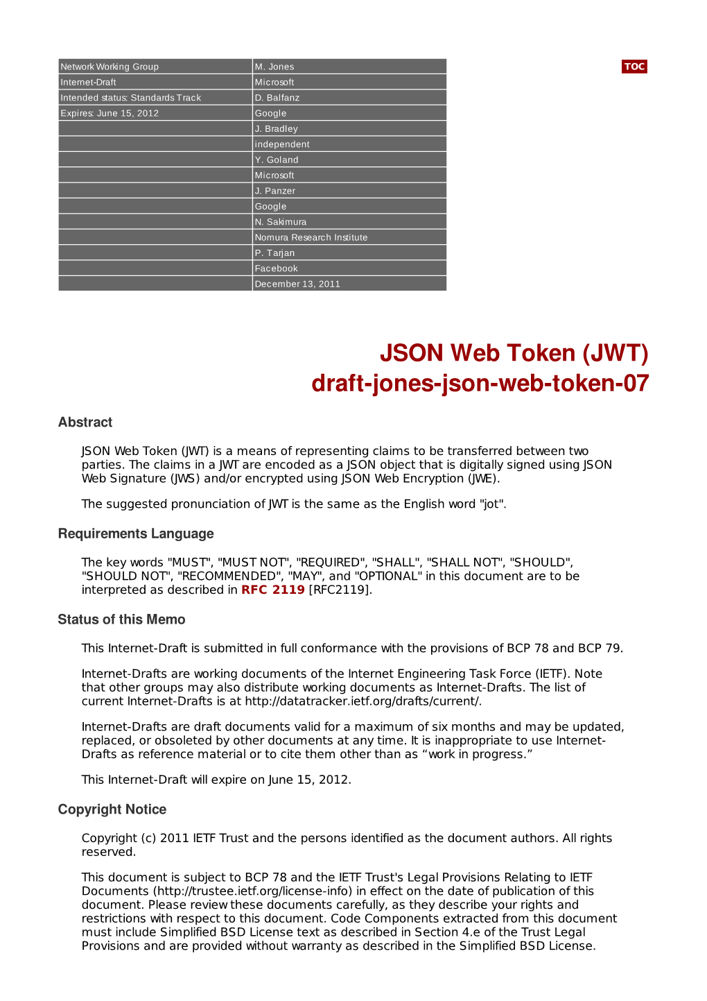 JSON Web Token (JWT) Draft-Jones-Json-Web-Token-07