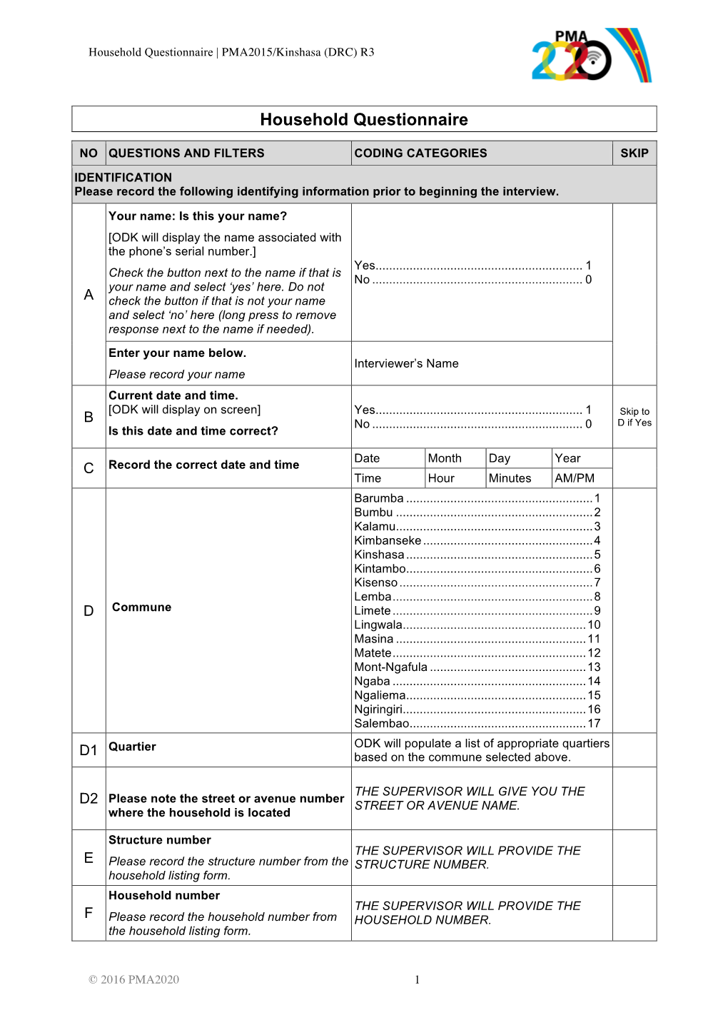 Household Questionnaire | PMA2015/Kinshasa (DRC) R3