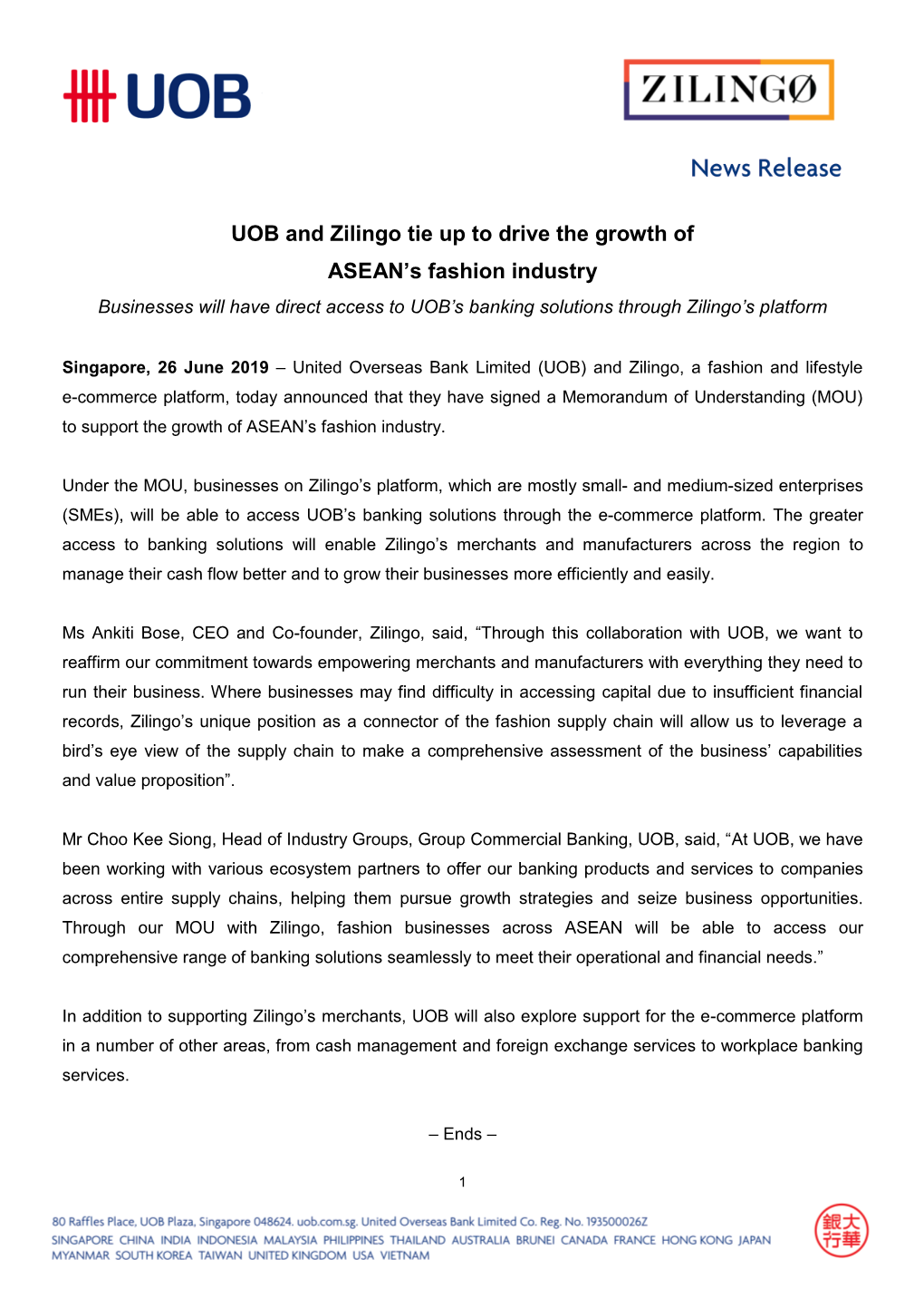 UOB and Zilingo Tie up to Drive the Growth of ASEAN's Growth Industry