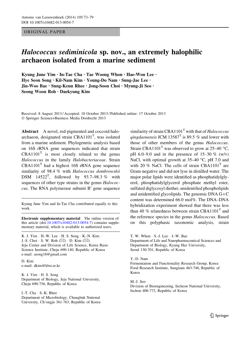 Halococcus Sediminicola Sp. Nov., an Extremely Halophilic Archaeon Isolated from a Marine Sediment