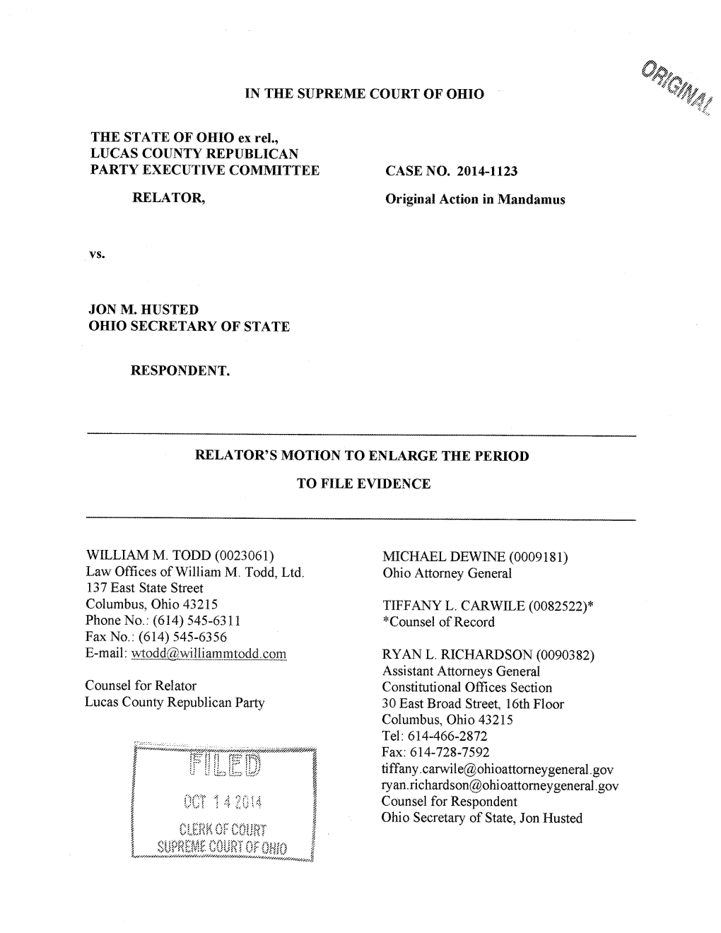 IN the SUPREME COURT of OHIO the STATE of OHIO Ex Rel., LUCAS COIJNTY REPUBLICAN PARTY EXECUTIVE COMMITTEE RELATOR, Vs. JON M. H